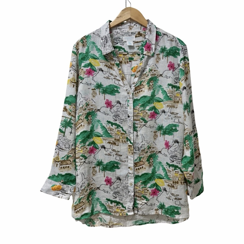 Cynthia Rowley Womens Linen Button Up Shirt Size 2X Green Italia Coast‎ Travel